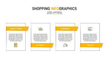 Concept of shopping process with 4 successive steps. Four colorful graphic elements. Timeline design for brochure, presentation, web site. Infographic design layout.