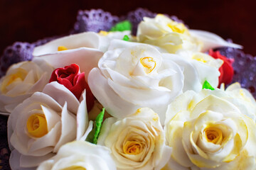 Beautiful birthday cake with mastic flowers decor.