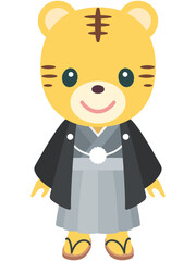 紋付き袴を着た可愛い虎の男の子のイラスト