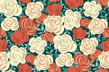 Fototapeta na wymiar Vintage seamless floral pattern with carmine-red, white rose flowers, leaves on a dark turquoise background. Retro botanical print. Abstract roses flowers. Vector for textiles, wallpapers, covers...