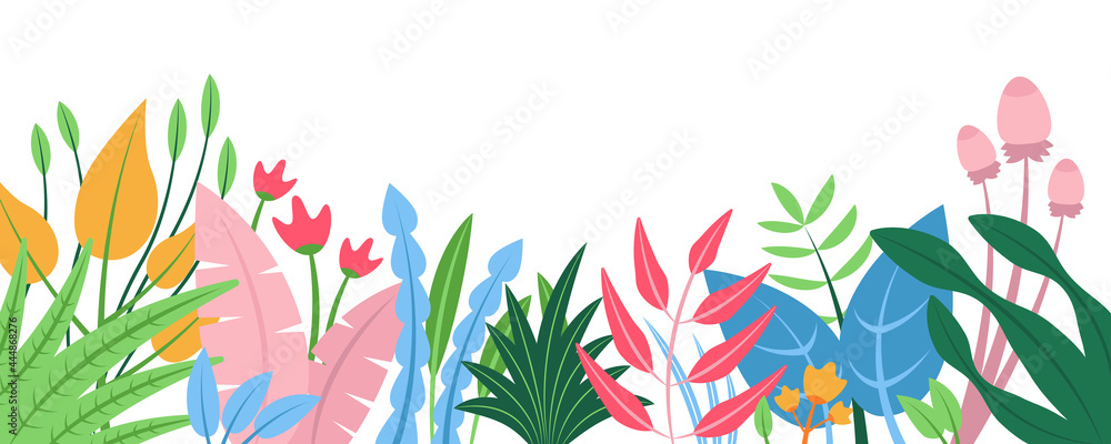 Poster summer nature background with floral pattern concept. horizontal web banner with blooming flowers an