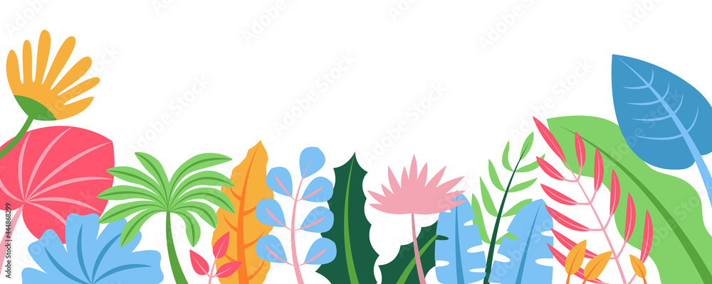 Poster Summer nature background with floral pattern concept. Horizontal web banner with colorful leaves and plants. Decorative botanical border isolated. Vector illustration in flat design for website