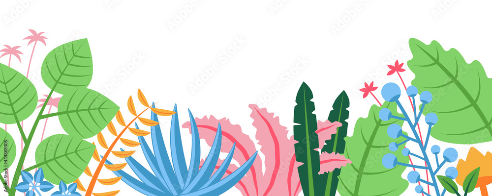 Poster Summer nature background with floral pattern concept. Horizontal web banner with leaves and flowers elements. Gardening abstract plants border. Vector illustration in flat design for website