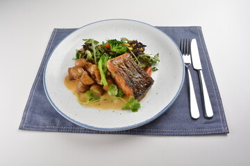 pan fried bbq fresh cod, salmon, grouper fish fillet in chef sauce with potato, corn and vegetables western halal menu