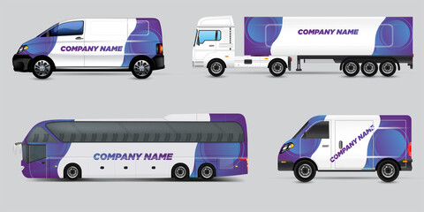 Vector car identity template design set of Coach Promo tour Bus, Cargo Van, and Commercial Car isolated on grey. Abstract hi-tech technology geometric elements for Brand identity and Advertising