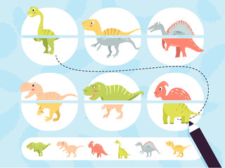 Puzzle game for preschool and school age children. Collect photos. An entertaining game for kids with cute dino. Vector illustration
