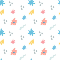 Seamless pattern with cute simple flowers and decorative elements on white background. Vector endless texture in childish style