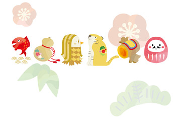 虎、アマビエ、縁起物が並んだイラスト