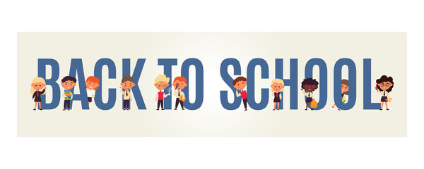 banner back to school. Funny cartoon characters. Little students. 11 people in uniform. Kindergarten, college website layout. Start study at educational institution. Vector illustration, flat