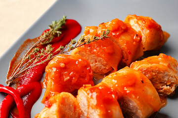 Plate with tasty stuffed cabbage rolls, closeup
