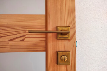 Wooden door with glass, handle and lock.