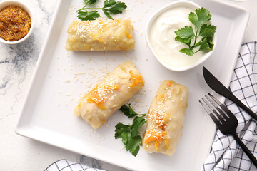Plate with tasty stuffed cabbage rolls on light background