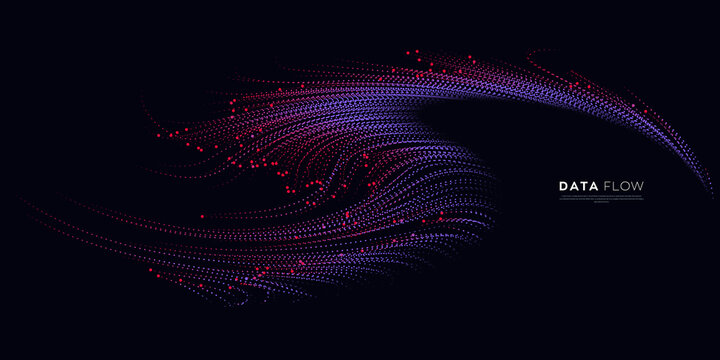 Wave vector element with abstract colorful dots line on dark background. Futuristic data stream illustration use for quantum technology, digital, science, music, communication.