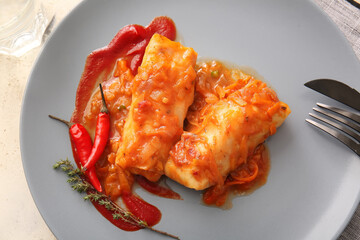 Plate with tasty stuffed cabbage rolls, closeup