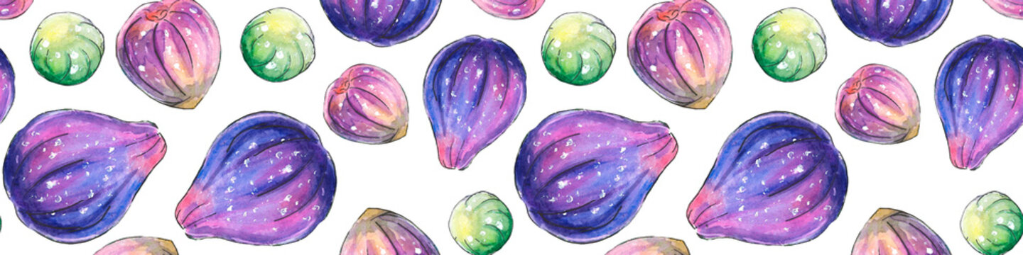 Seamless pattern of watercolor figs. Hand drawn bright backdrop texture, images of berry, fruit in sketch style. For wrapping paper, scrapbooking, food design, packaging