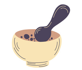 Mortar and pestle. Natural Alternative Medicine. Homeopathy. Mixing Herbs. Grinding bowl. Flat cartoon vector illustration isolated on white background.
