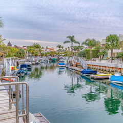 Fototapeta na wymiar Square Canal amidst houses and palm trees in the scenic Long Beach CA neighborhood