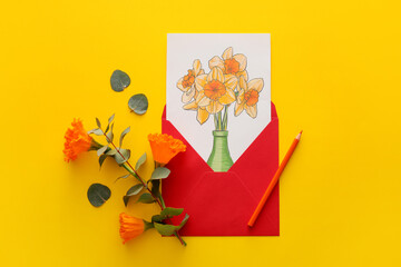 Beautiful greeting card, envelope, pencil and narcissus flowers on color background