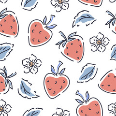 Strawberries, flowers and leaves on a white background seamless pattern. Cute pattern for children clothing. Vector background