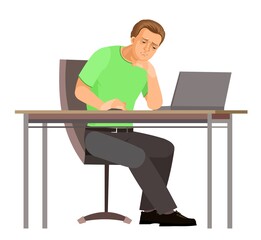 Guy is sitting at table. Young handsome handsome boy at computer. Upset. In jeans, T-shirt and sneakers. Tired. Single. Cartoon flat style. Illustration is isolated on white background. Vector