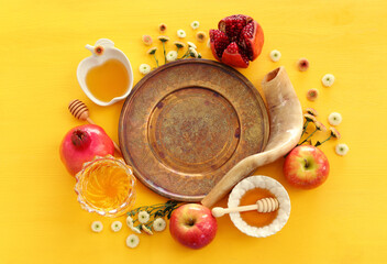 Rosh hashanah (jewish New Year holiday) concept. Traditional symbols