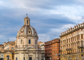 A view of the Church of the Most Holy Name of Mary at the Trajan Forum (Santissimo Nome di Maria al Foro Traiano) in Rome, Italy