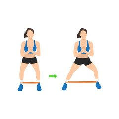Woman doing Lateral banded walk. Side walk with resistance band exercise. Flat vector illustration isolated on white background - obrazy, fototapety, plakaty