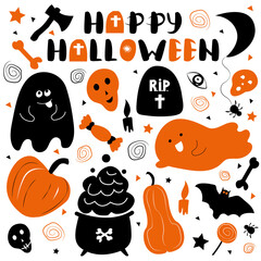 Halloween paraphernalia set. Cute characters and items for decorating stickers, postcards, theme parties, invitations...Original lettering. vector illustration, hand drawn
