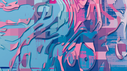 Pink and blue digital artwork, abstract art background, 3d and papercut effect