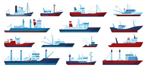 Fishing boats. Commercial fishing trawler yacht, fisherman ship, fisher boat. Flat marine fish catching vessels, sea transportation vector set. Logistic isolated transport with equipment - obrazy, fototapety, plakaty