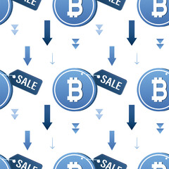 Bitcoin panic sale, cryptocurrency price down. Bitcoin with sale label and various arrows, seamless pattern. Crypto currency on white background. Blockchain technolo