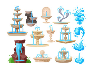 Collection of fountains, geyser waterfalls and water splash. Vintage and modern architecture decor