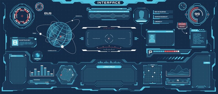 Futuristic hud interface. Sci-fi virtual communication display layout. Digital hologram screen, spaceship control panel vector template. Bars, titles, dashboard and window with information