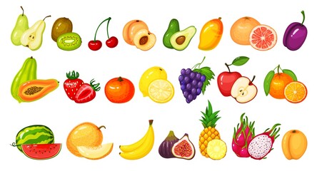 Cartoon fruit slices. Kiwi dragon fruit, pomegranate peach, apple, grape mango, lemon watermelon orange. Ripe juicy fruits vector set. Juicy tropical or exotic food with vitamins