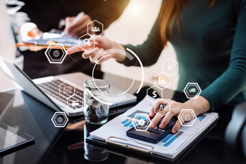 Business team partnership meeting concept. Business hand using laptop, tablet and smartphone  in office. Digital marketing media mobile app in virtual icon screen