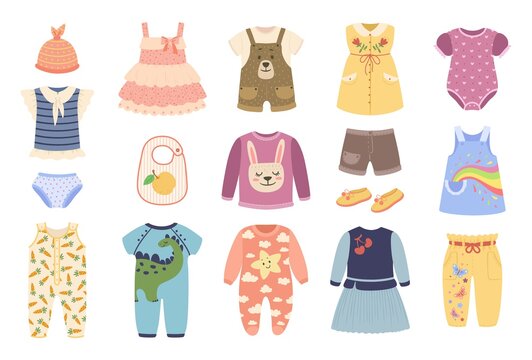 Baby clothes. Clothing for newborn babies. Bodysuit, romper, pajamas, dress, shoes. Cute child fashion apparel and accessories vector set. Summer outfit for little boys and girls isolated