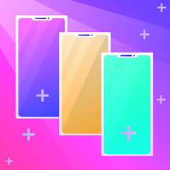 Three phones with multi-colored screens for your messages on a colored background with a glare of light and pluses around. For the design of materials, social networks and banners.