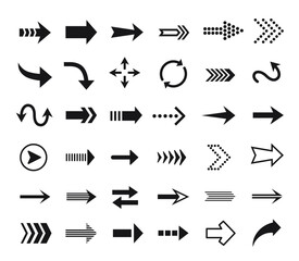 Arrow icon. Direction sign, pointer outline pictogram, refresh button, reload symbol. Arrows black silhouette icons for web design vector set. Digital lines showing different sides