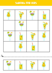 Sudoku game for kids with cute cartoon summer cocktails.
