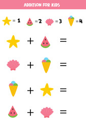 Addition for kids with cartoon summer elements.