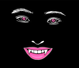 Stylized face with fangs on a black background. Vector illustration.