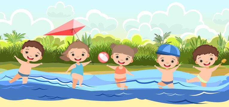 Children fun and splashing in water. Waves. Swimming, diving and water sports. Beach landscape. Illustration in cartoon style. Flat design. Vector art