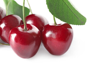 Tasty ripe cherry on white background, closeup