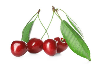 Tasty ripe cherries on white background