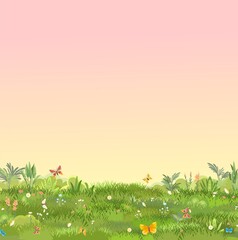 Green Glade. Summer meadow. Morning. Juicy grass close up. Grassland. Place on the field. Pasture. Cartoon style. Flat design. Illustration vector art