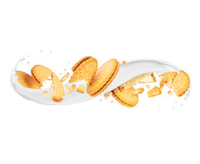 Crispy delicious biscuits crushed into pieces with milk splash in white space