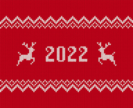 2022 Knit Print With Deers. Christmas Seamless Pattern. Vector. Red Sweater Background. Festive White Knitted Ornament On Red Background. Holiday Xmas Winter Texture. Illustration With Border.