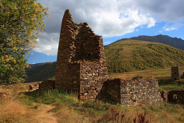 Caucasus, Ossetia. Mamison gorge. Ruins of the village of Lisri.