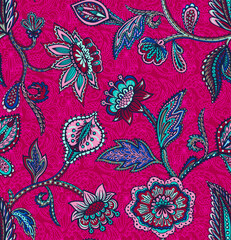 Fantastic ethnic vector seamless pattern with stylized plants in Asian style. Beautiful print for fabrics and packaging products. Botanical surface design.