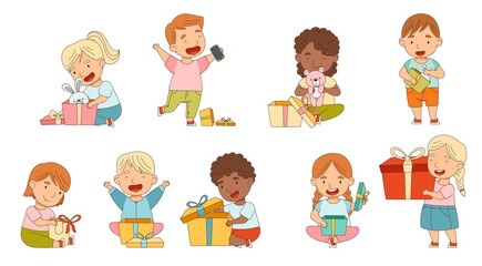 Excited Little Children Opening Gift Box Rejoicing at Present Vector Set